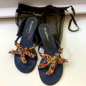 Beverly Feldman women’s denim and beaded sandal